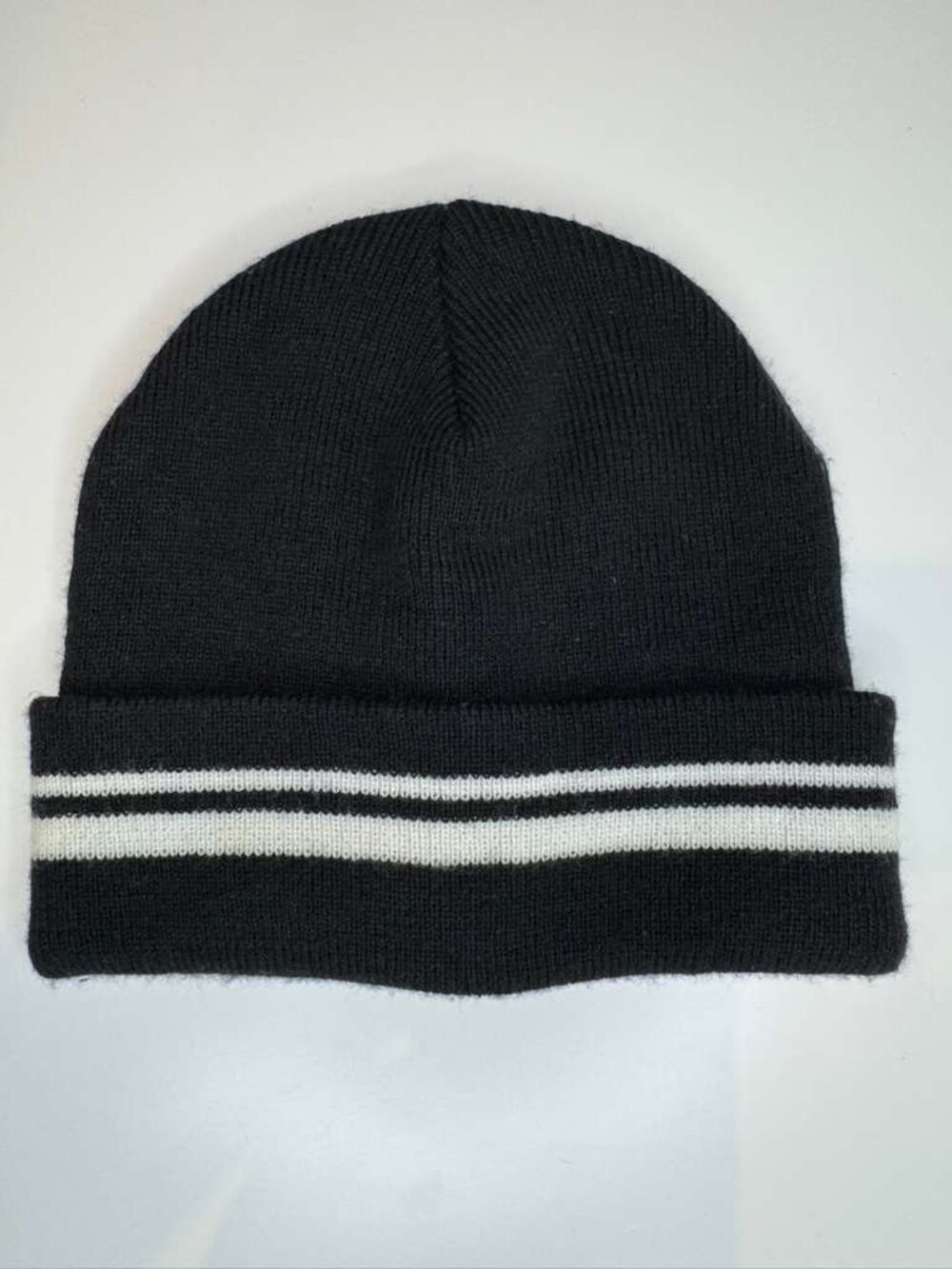 Classic Black Knit Beanie - White Double Striped Cuff - Minimalist Winter Hat